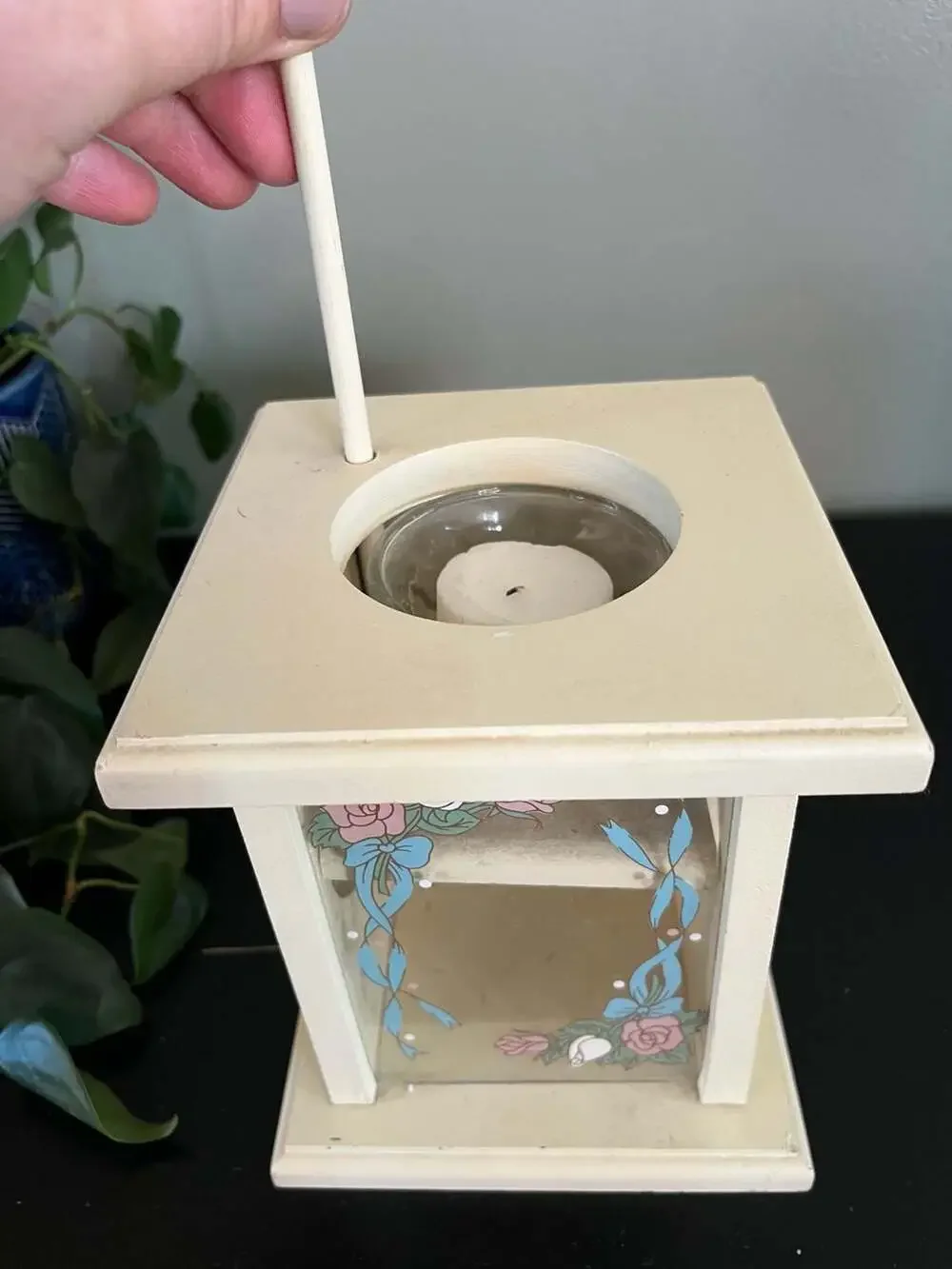 Vintage Country Core Wood Votive Candle Holder with Heart Cutouts and Floral Gla